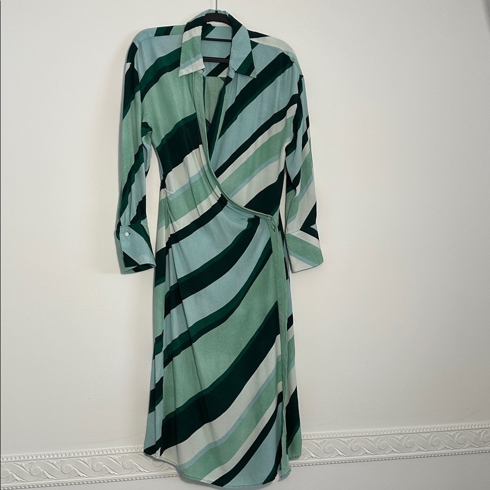MNG Green Striped Wrap Dress Midi Satin Look Spring Summer Minimalist Women’s M - Picture 4 of 9